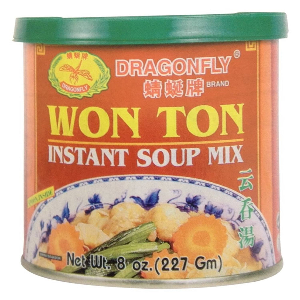 Won Ton instant soup mix jar, Dragonfly brand, green lid, front label