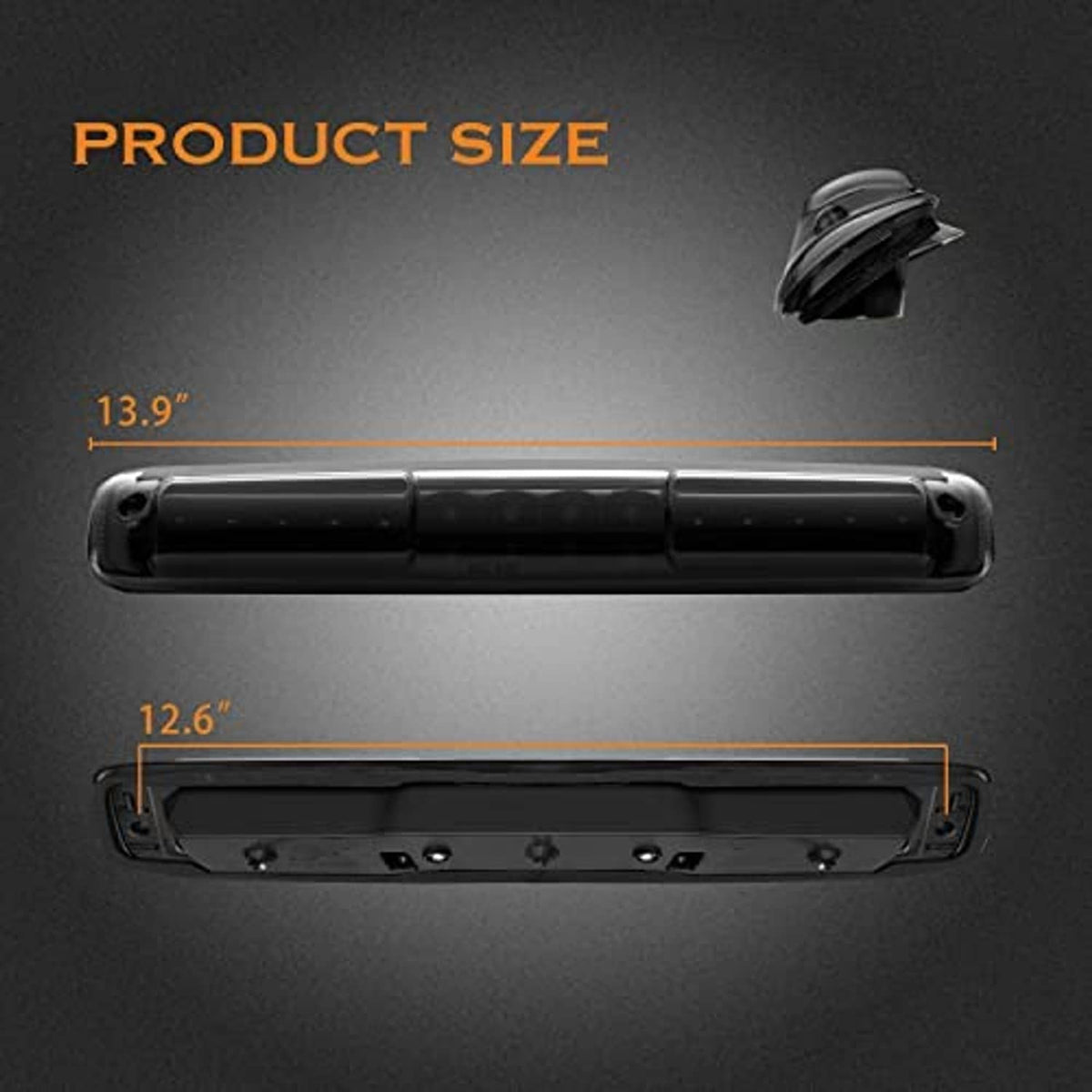 Black LED brake light bar with top and underside mounting outline dimensions