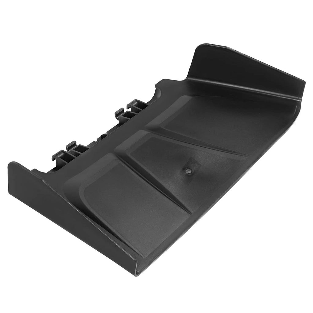 Black discharge chute top view with raised channels and central molded panel.