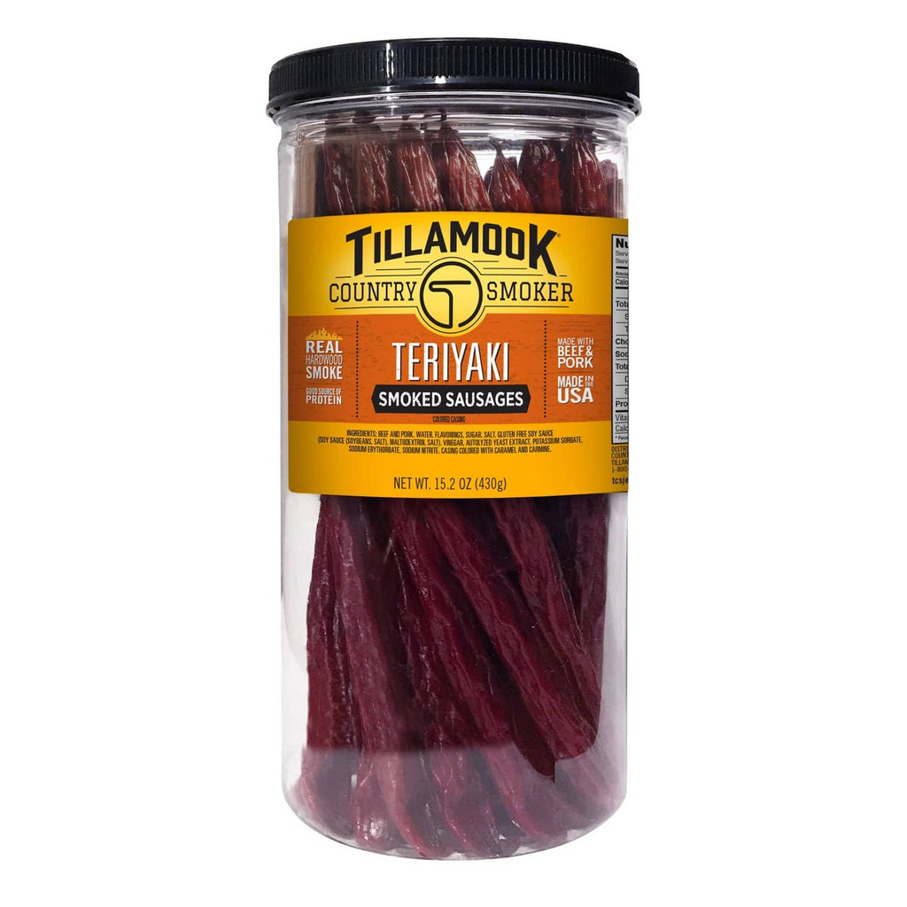 Tillamook Country Smoker teriyaki smoked sausages jar with dark red sticks