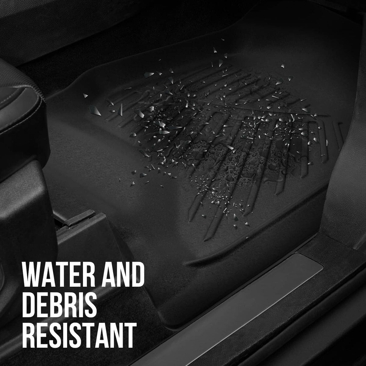 Black floor mat with deep grooves for water and debris resistance