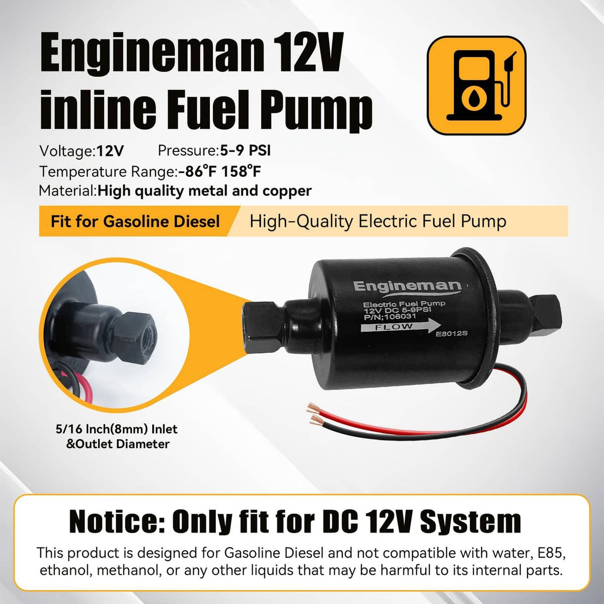 Compact black inline 12V electric fuel pump with attached wiring leads