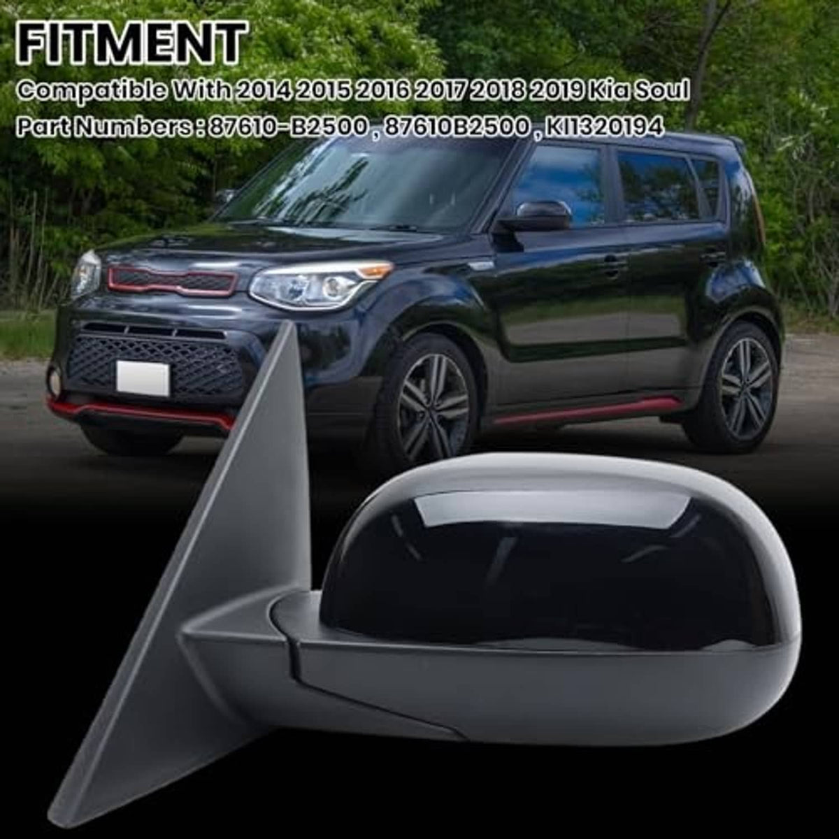 Left driver-side black side mirror installed on vehicle door