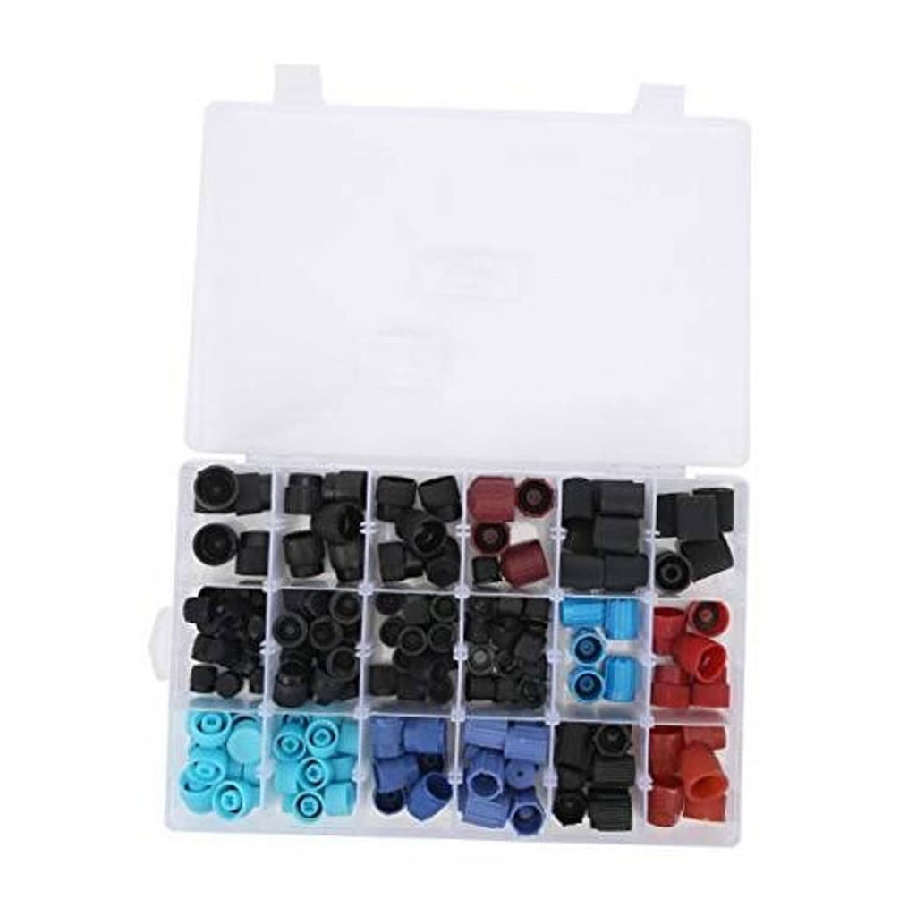 AC valve core cap assortment in clear plastic organizer, black, blue, and red caps