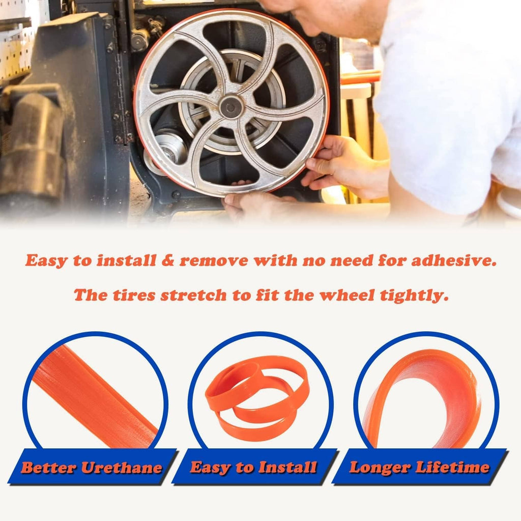Orange urethane band saw tire on a metal wheel, hand holding the tire