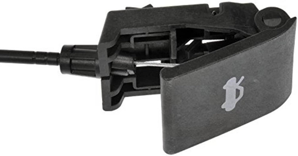 Hood release latch handle with cable and black mounting bracket, key icon
