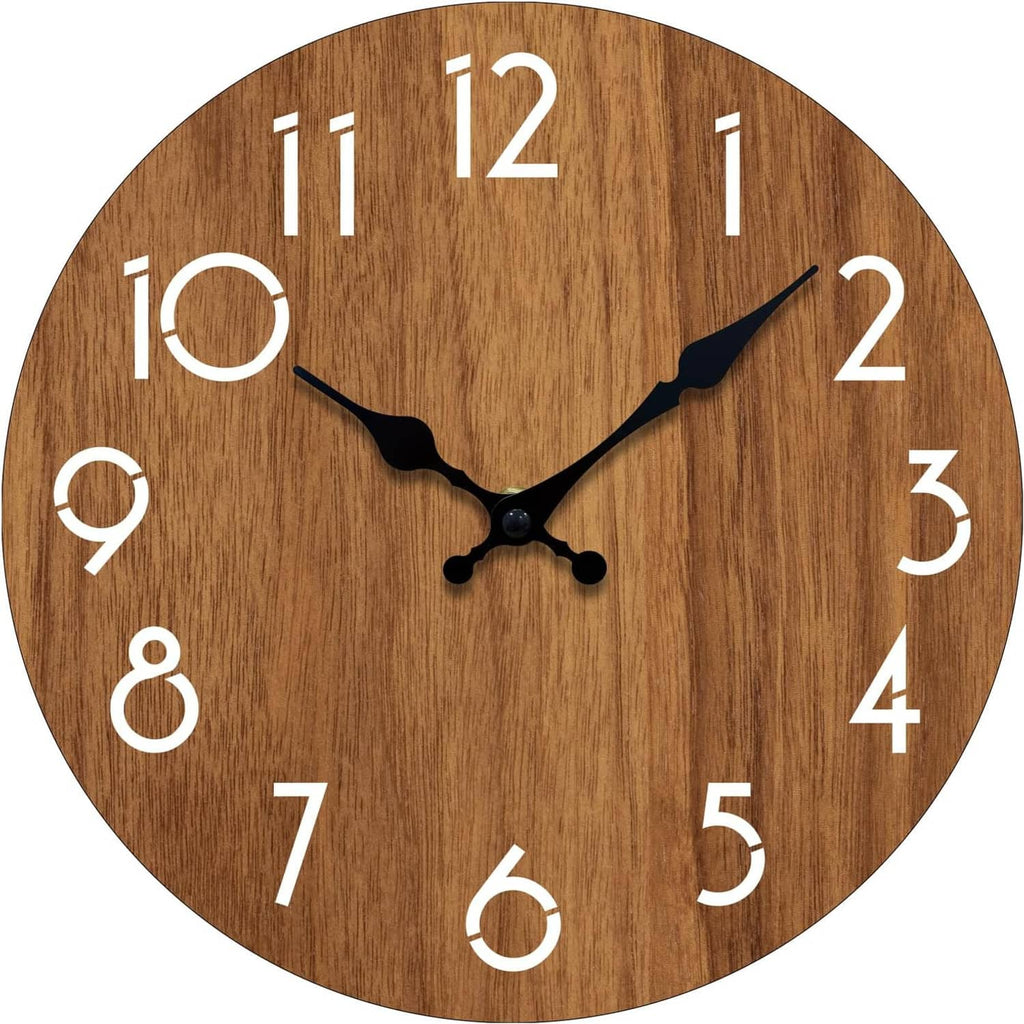 Round wooden wall clock face with white number ring and black hands on brown dial