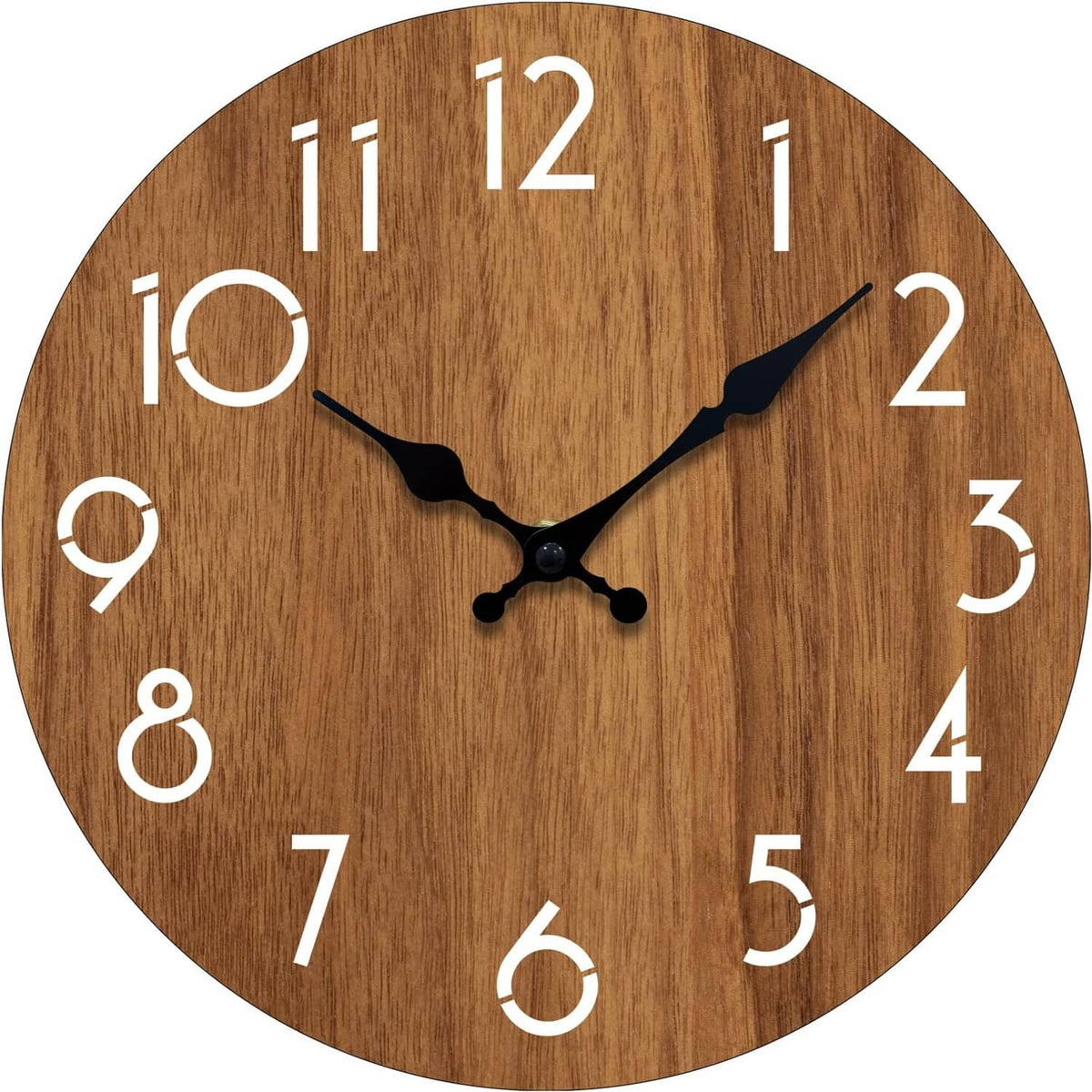 Round wooden wall clock face with white number ring and black hands on brown dial