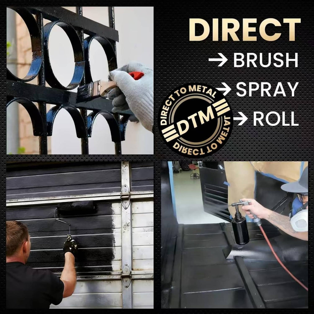 Application instruction graphic for metal rust converter: brush, spray, and roll
