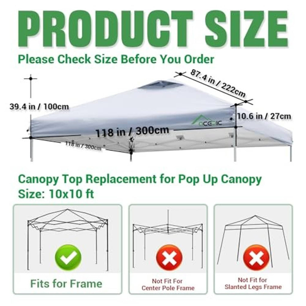 White vented canopy top replacement, shown with size measurement diagram