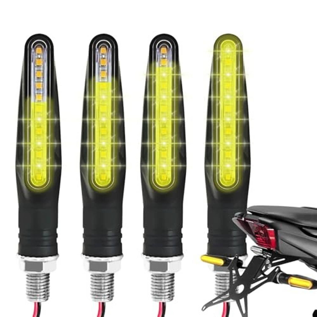Set of 4 motorcycle LED turn signals with yellow lenses and black housings, screw-in bases