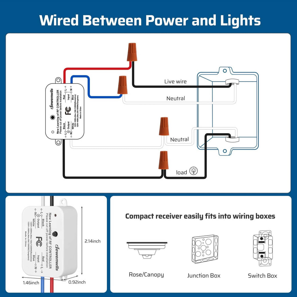 Wireless light switch kit wiring diagram with receiver and load connections