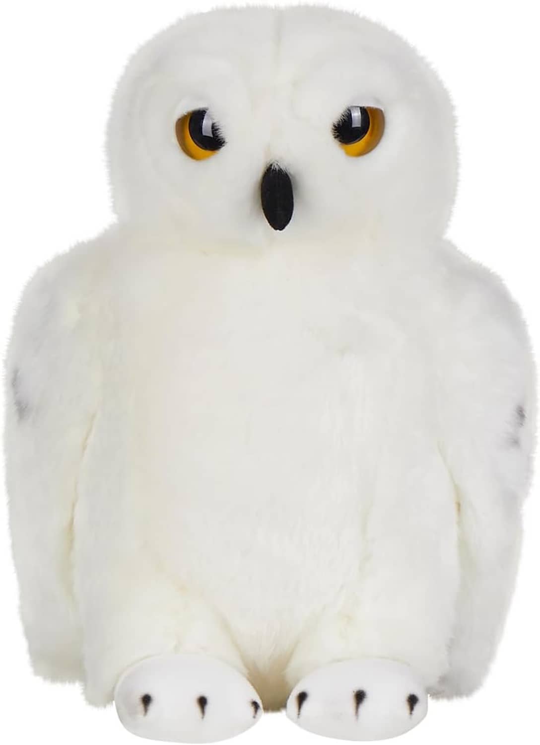 Plush snowy owl with white fur, amber eyes, black beak, and front-facing stance