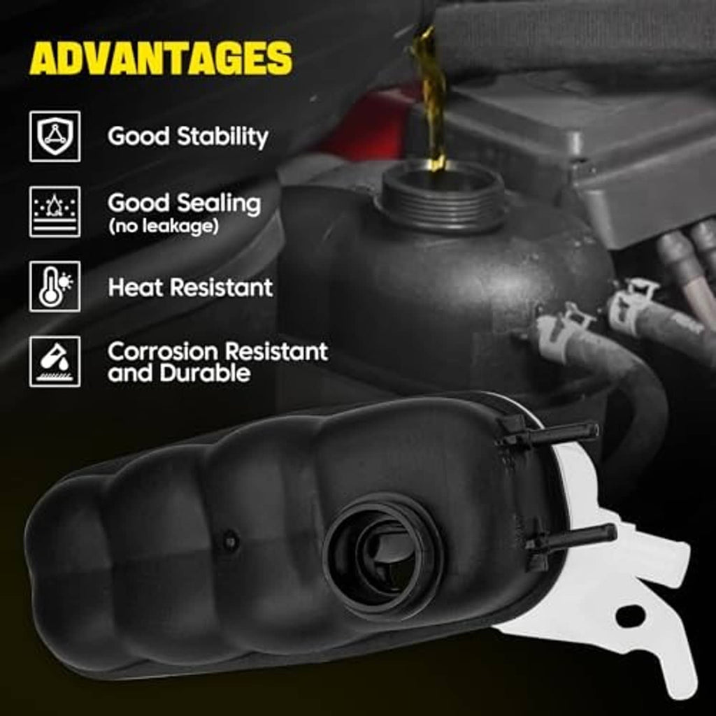 Coolant reservoir advantages icons: stable, sealed, heat- and corrosion-resistant