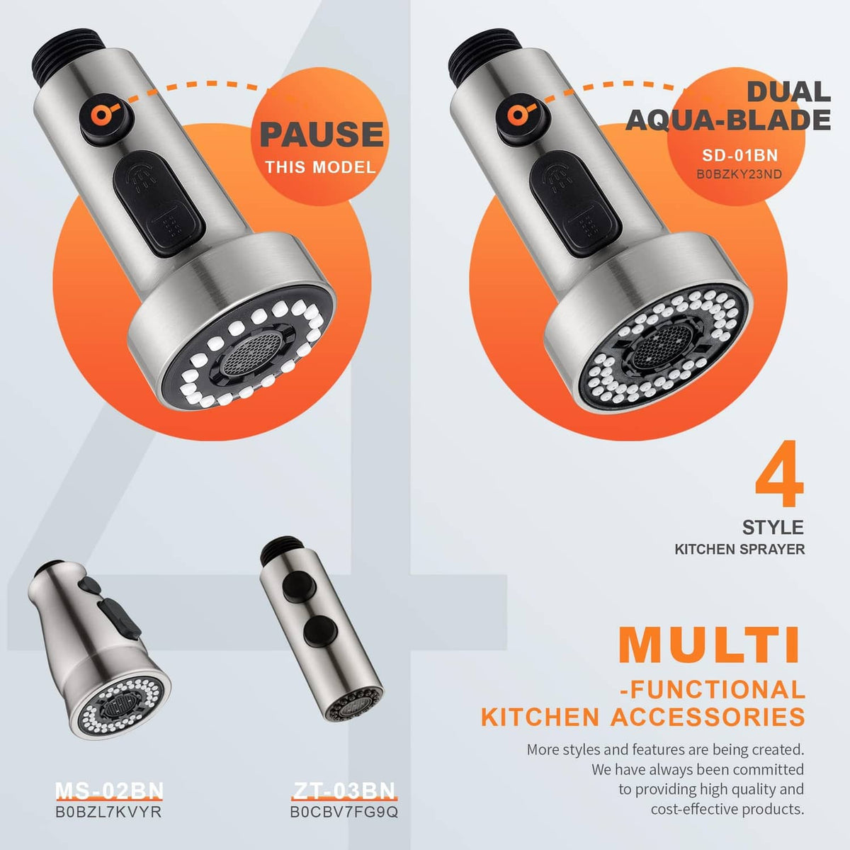 Brushed nickel faucet head nozzle with dual spray holes and black pause control