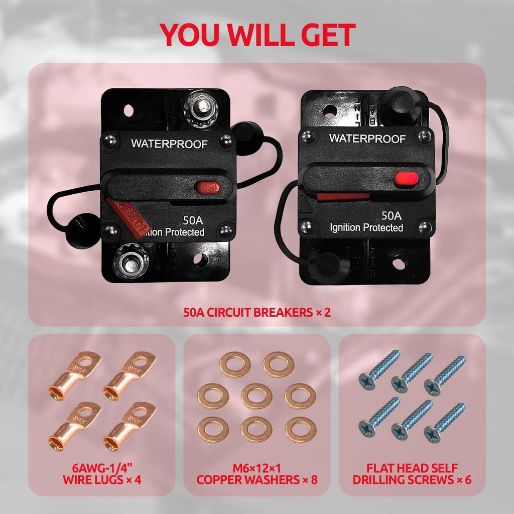 2-pack black DC circuit breakers with red reset levers plus copper lugs, washers, screws
