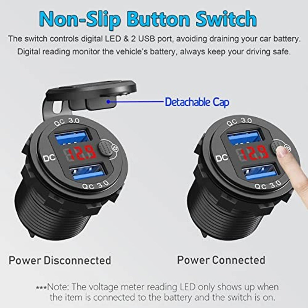 12V car charger with built-in switch and digital voltage display, black