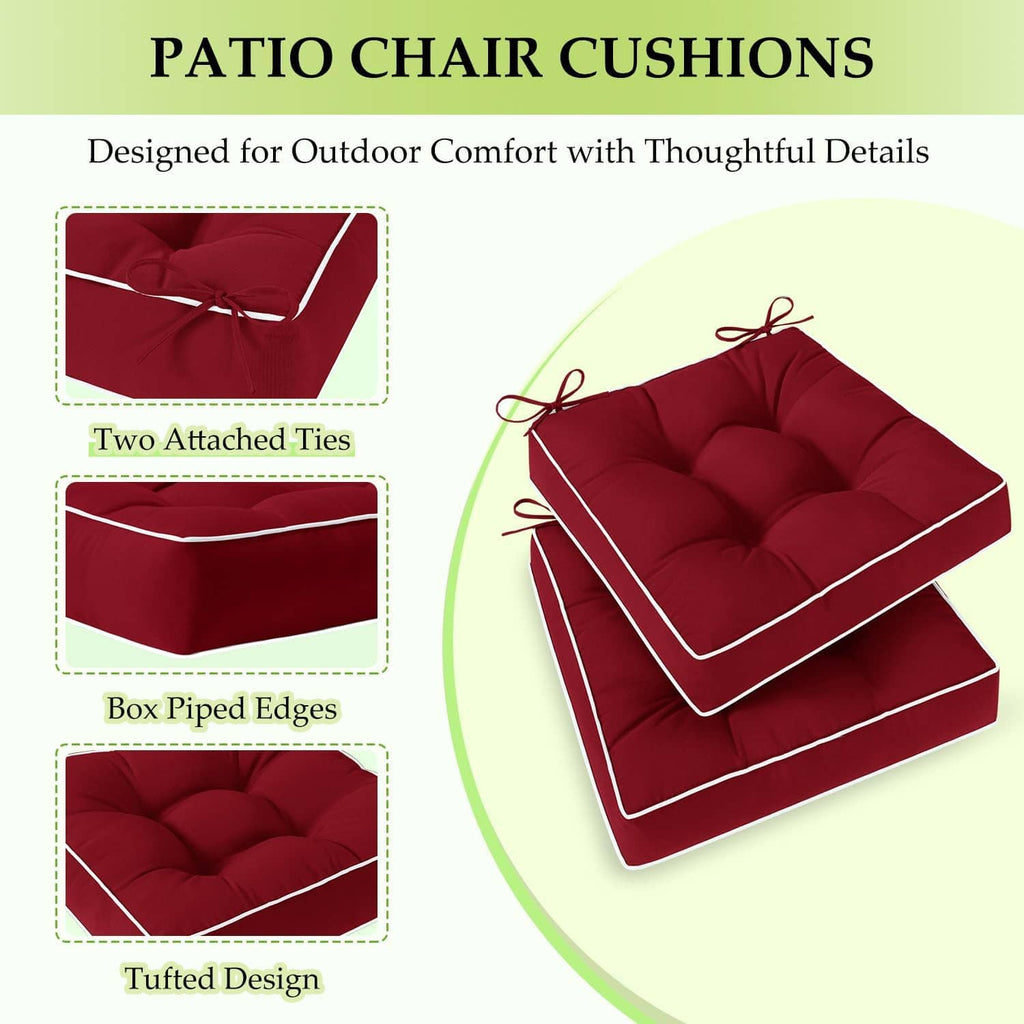 Red outdoor chair cushion set of 2 with box-piped edges and two attached ties