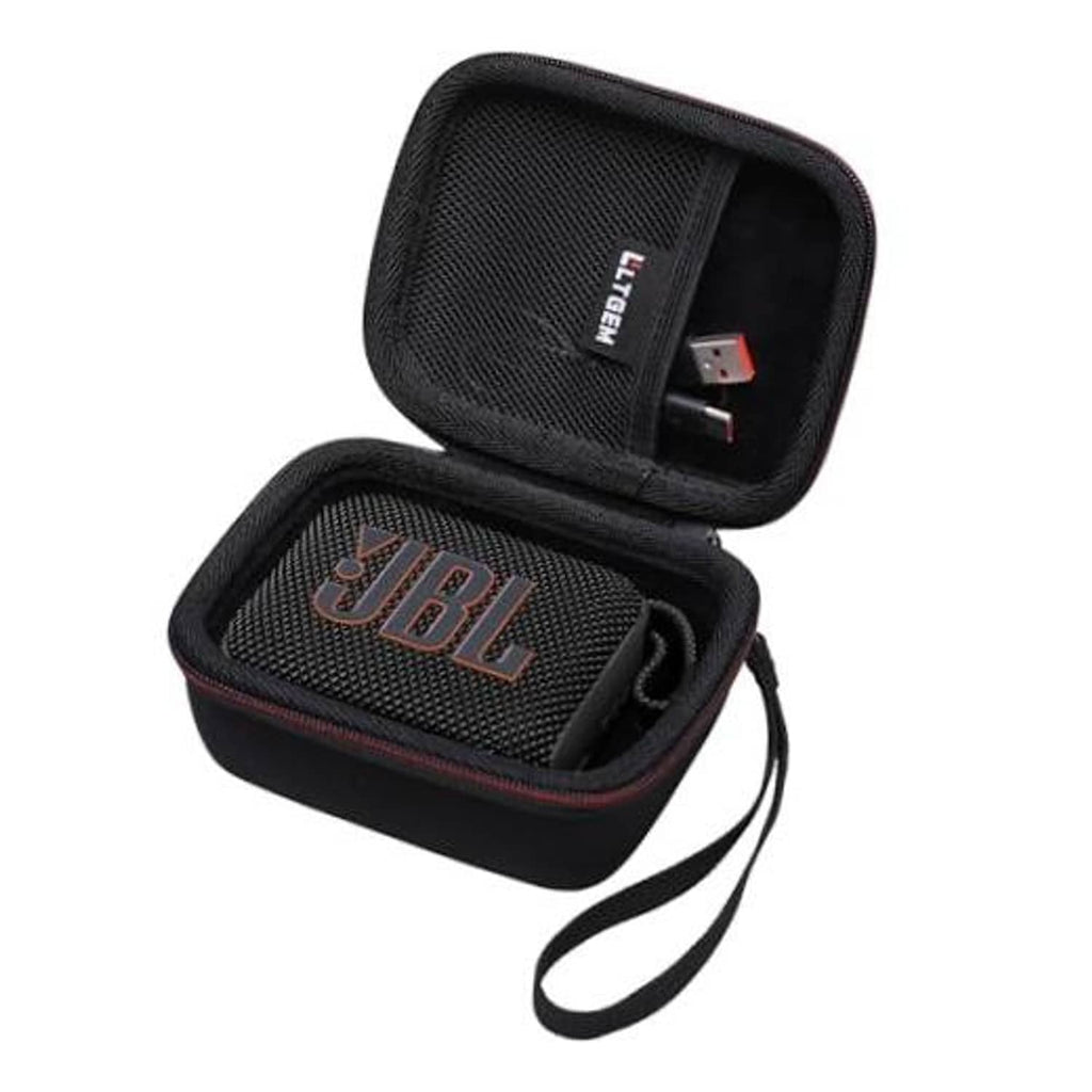 Black portable speaker case with zip closure, wrist strap, and JBL-branded inner pocket.