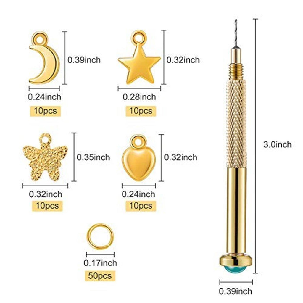 Nail piercing tool and gold charm ring sizes diagram with moon, star, heart, and teddy