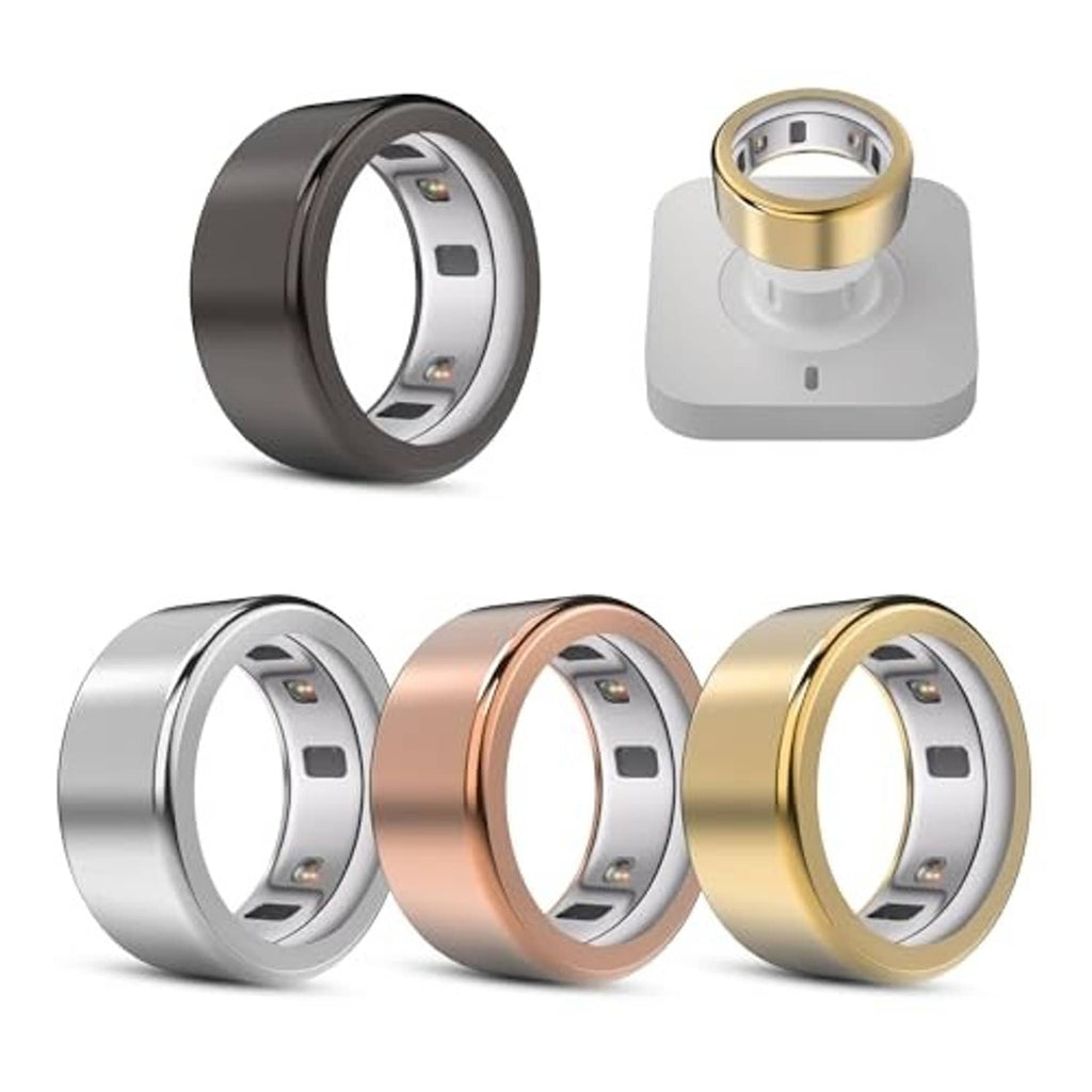Ring case cover set featuring black, gold, silver, and rose gold cases on white bases.