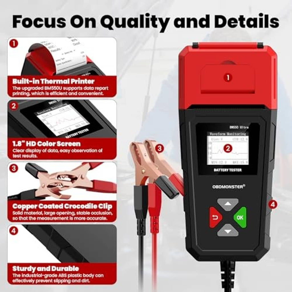 Car battery analyzer tester with color screen, copper clamp clips, and red/black body
