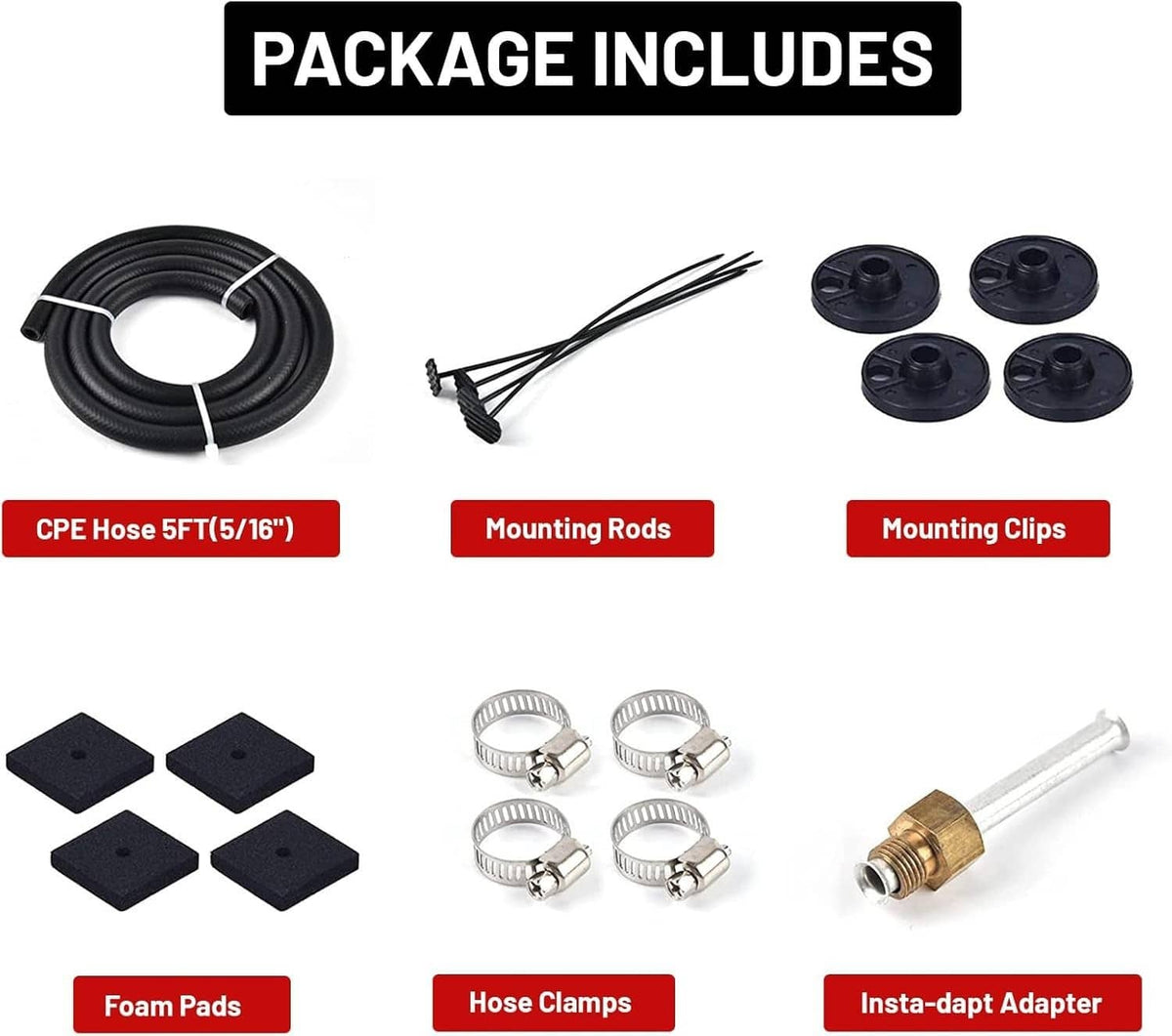 Transmission oil cooler kit components: hose, mounting rods, clips, clamps, and adapter