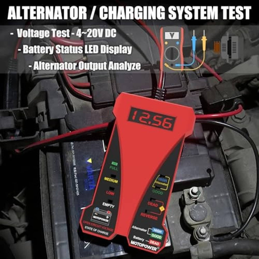 Red handheld 12V battery tester voltmeter with LCD voltage display and probe leads