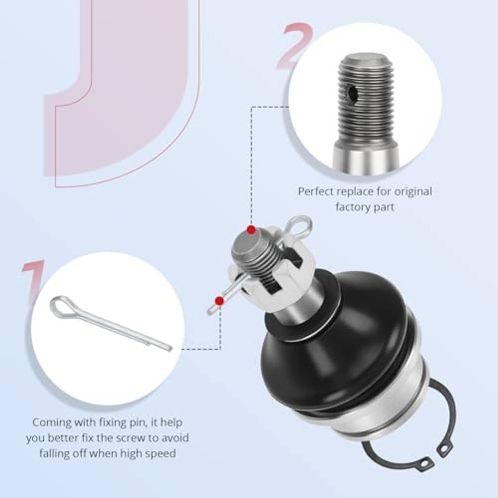 Front ball joint with black boot, silver housing, threaded stud, and pin hardware