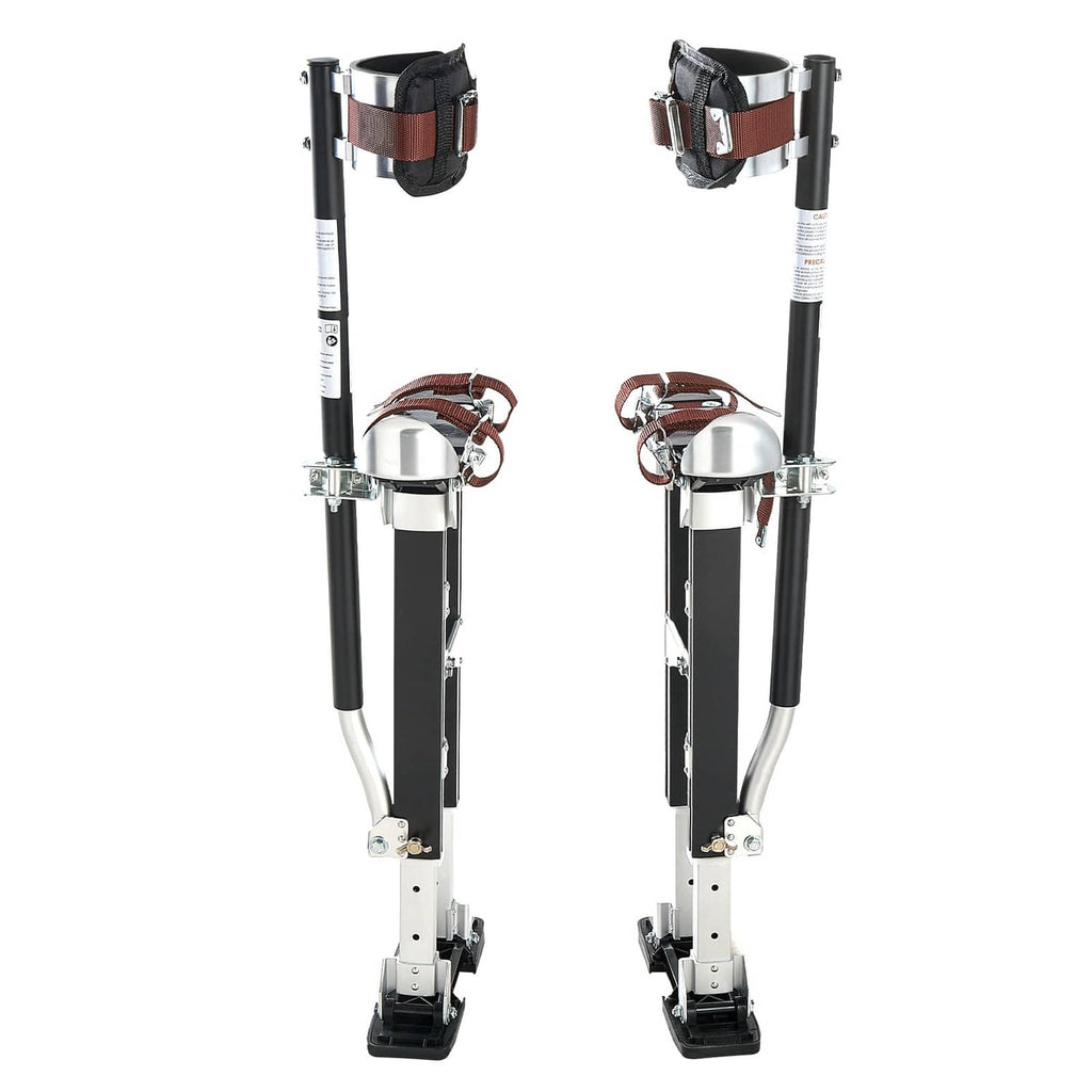 Adjustable drywall stilts with calf braces, dark frame, brown straps, and black foot pads