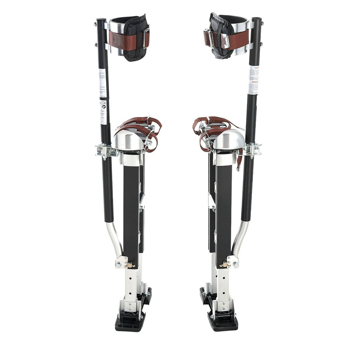 Adjustable drywall stilts with calf braces, dark frame, brown straps, and black foot pads
