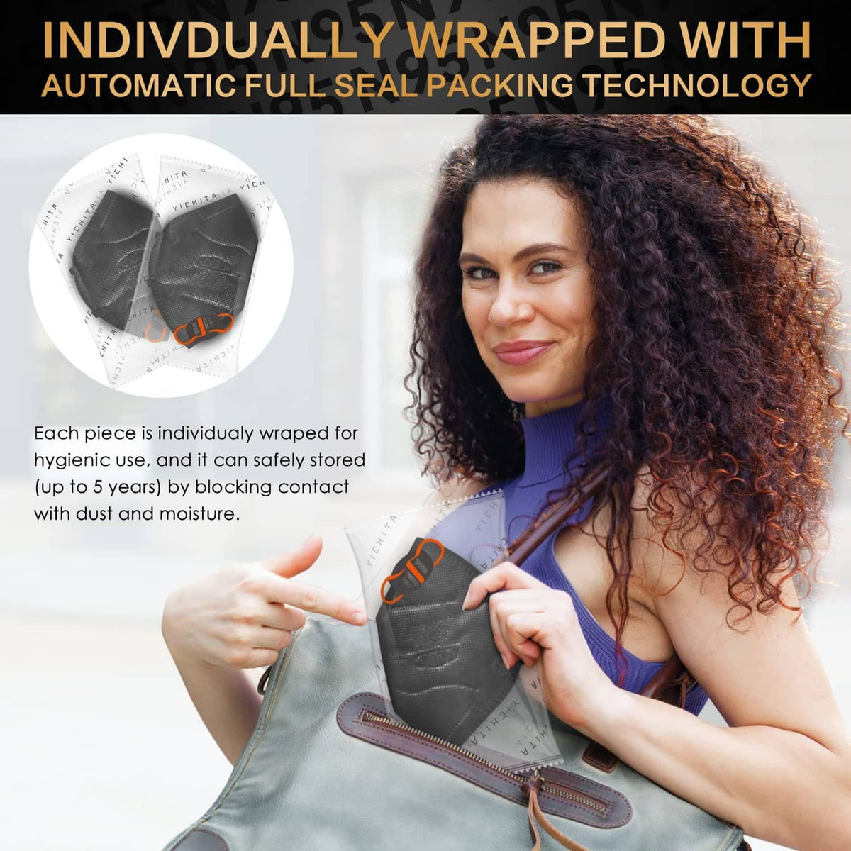 Individually wrapped N95 respirator mask set; black mask with head straps
