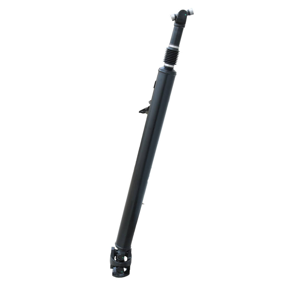 Rear prop drive shaft: black steel driveshaft with U-joint end and rubber boot