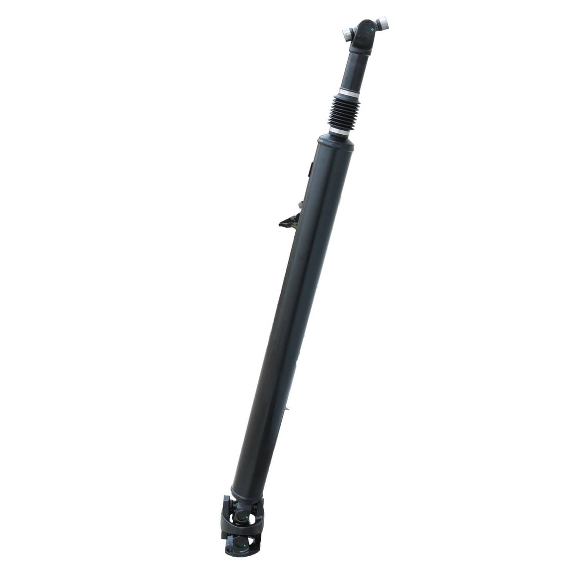 Rear prop drive shaft: black steel driveshaft with U-joint end and rubber boot
