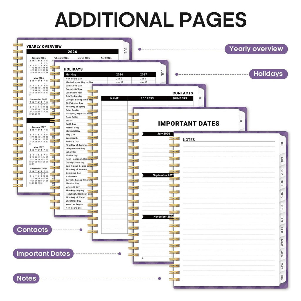 Planner additional pages showing contacts, important dates, and notes sections