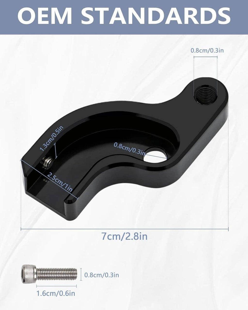 Black shift arm bracket with mounting threads, included hex bolt, sizing graphic