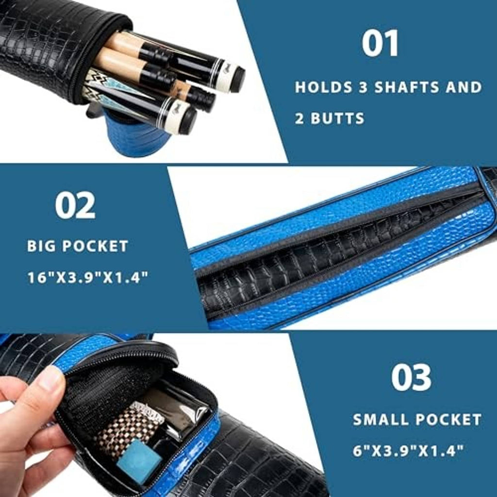 Hard pool cue case with cues inserted, blue/black padded divider and end opening