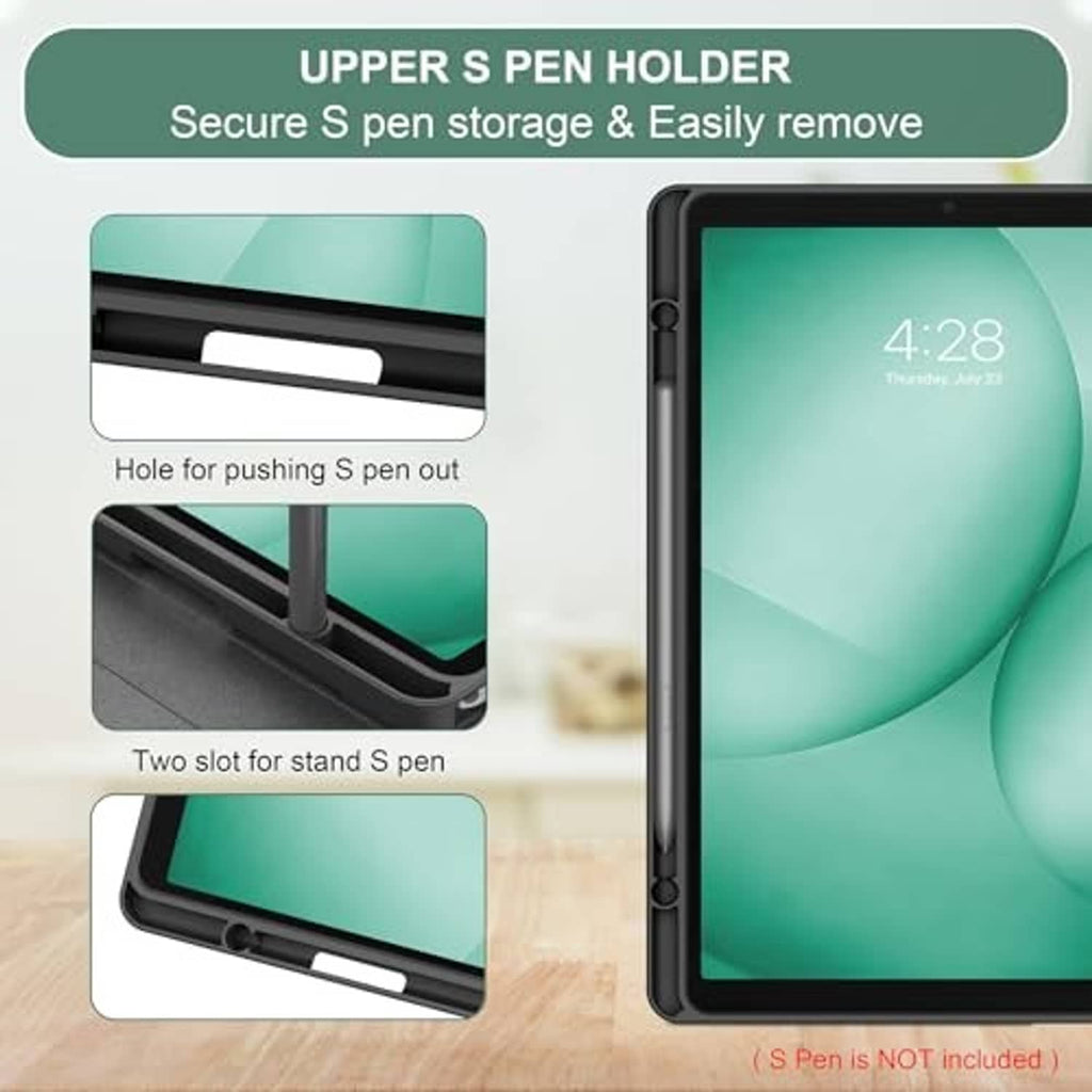 Green marble tablet case showing built-in S Pen holder slots along the side