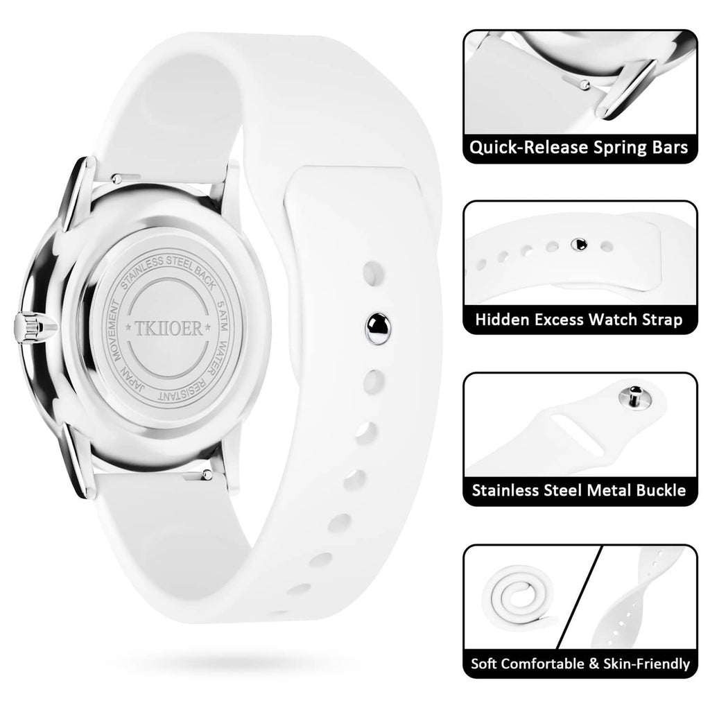 White TKIIOER watch back view with quick-release spring bars and stainless buckle