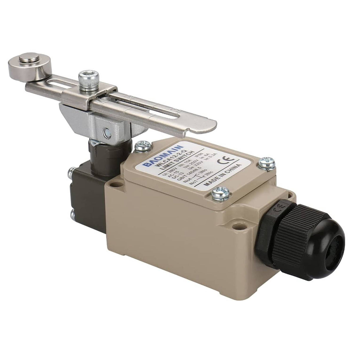 Adjustable roller lever limit switch with black cable gland and metal lever