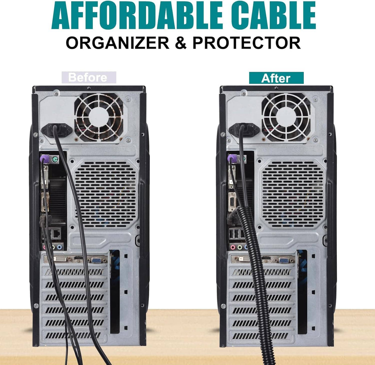 Black split wire loom tubing guiding cables inside a PC case