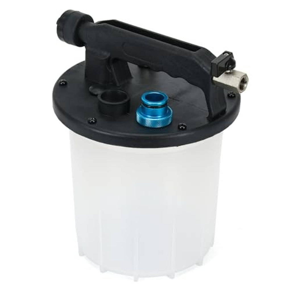 Vacuum pump unit with black handle, translucent tank, and blue inlet cap