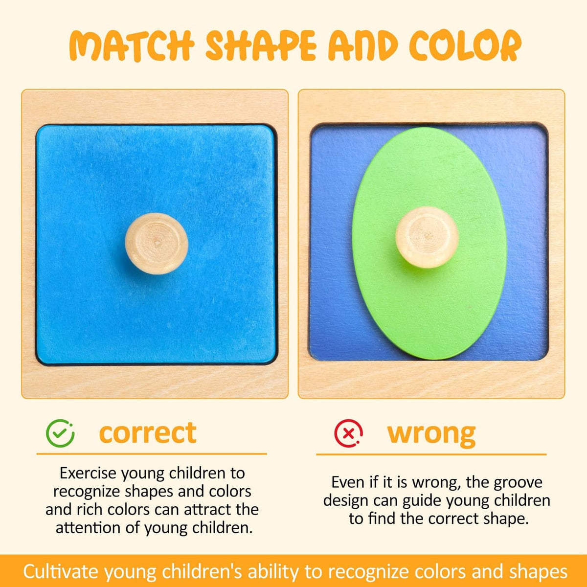 Two views of wooden knob shape puzzle inserts: correct circular match and wrong groove