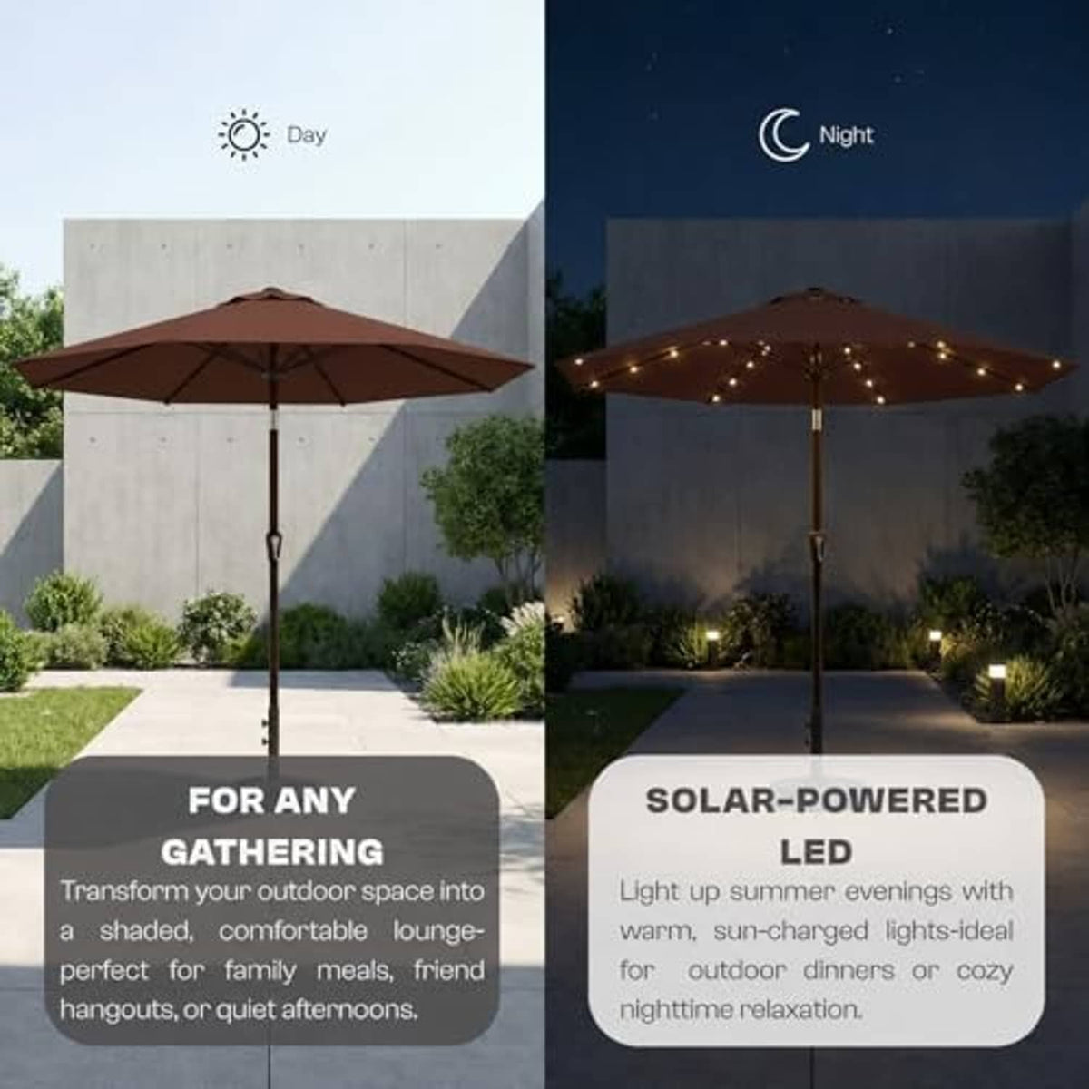 Brown patio umbrella with solar LED lights, shown in day and night settings