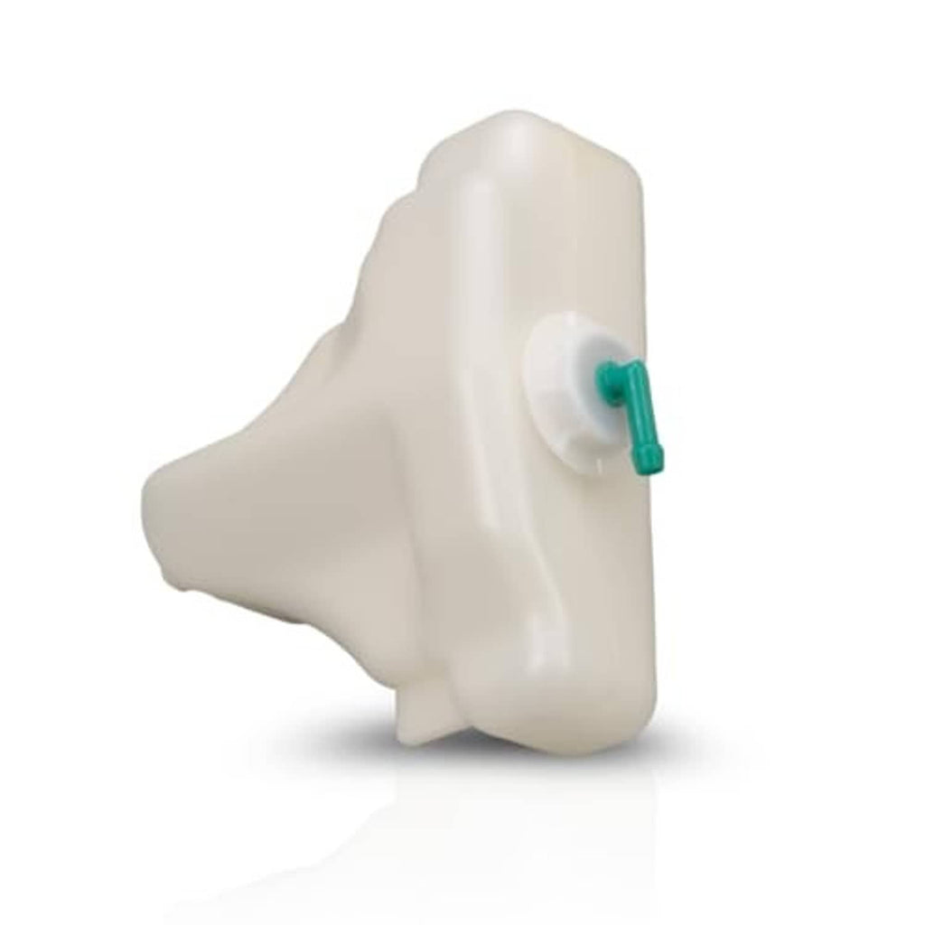 Off-white coolant reservoir with green cap fitting, side view
