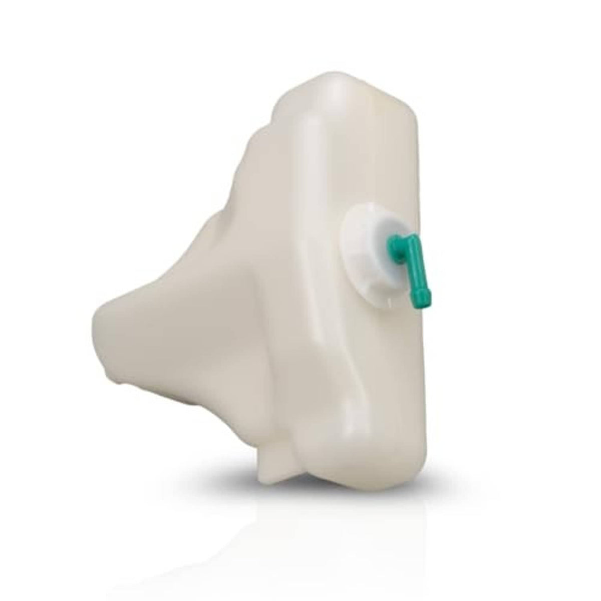 Off-white coolant reservoir with green cap fitting, side view