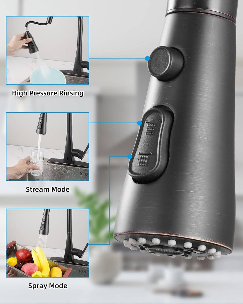 Pull-down faucet spray head showing stream and spray modes from the nozzle