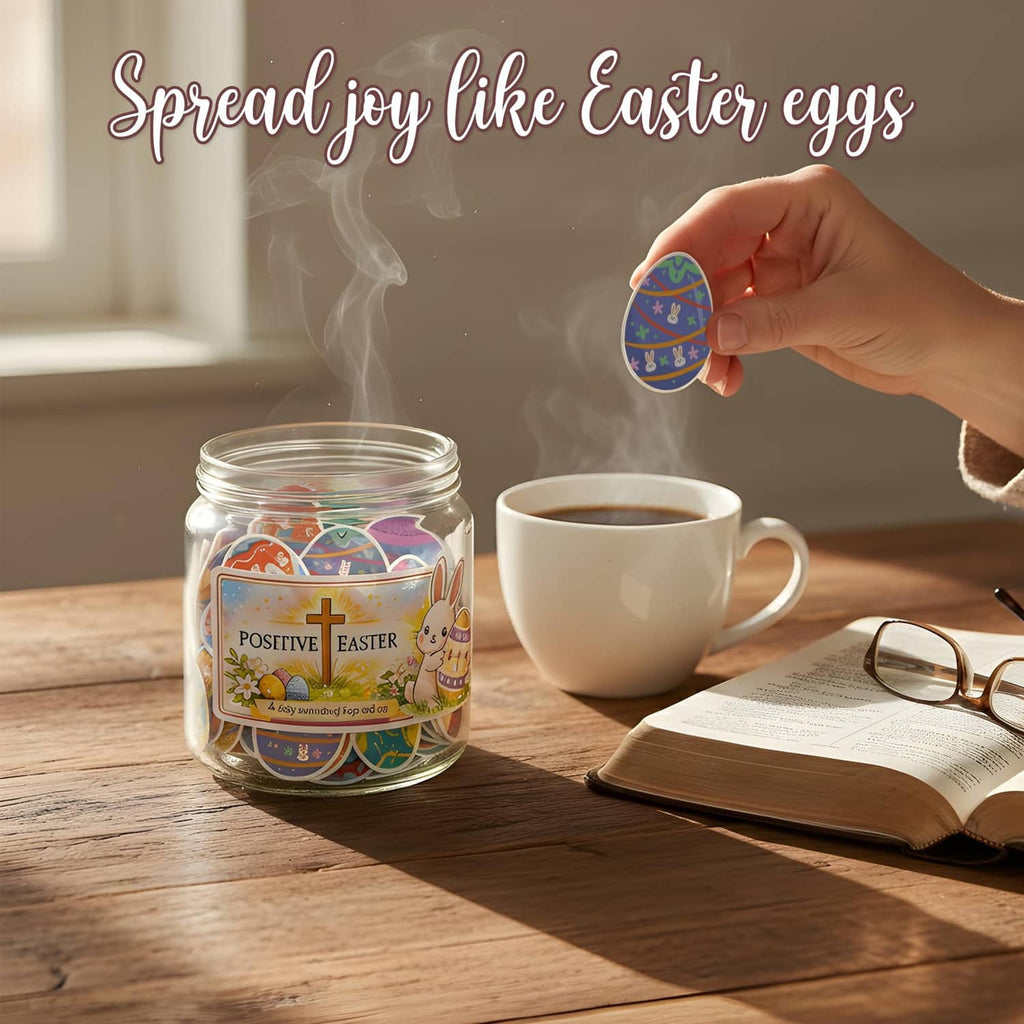 Hand pulling a card from Positive Easter jar next to mug and open Bible
