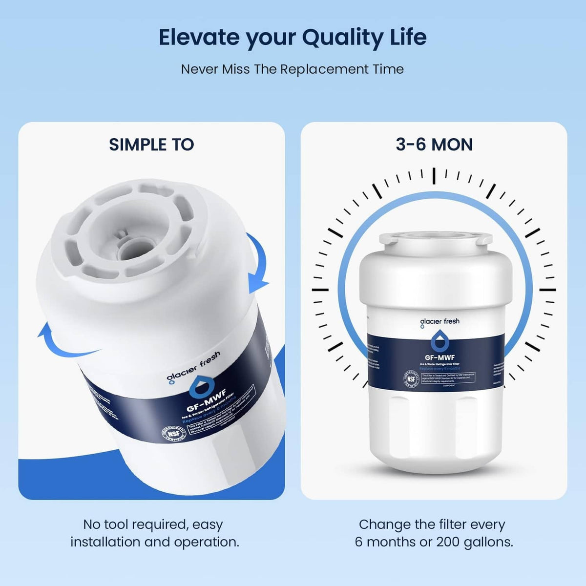 White refrigerator water filter cartridge with easy installation and 3-6 month timer
