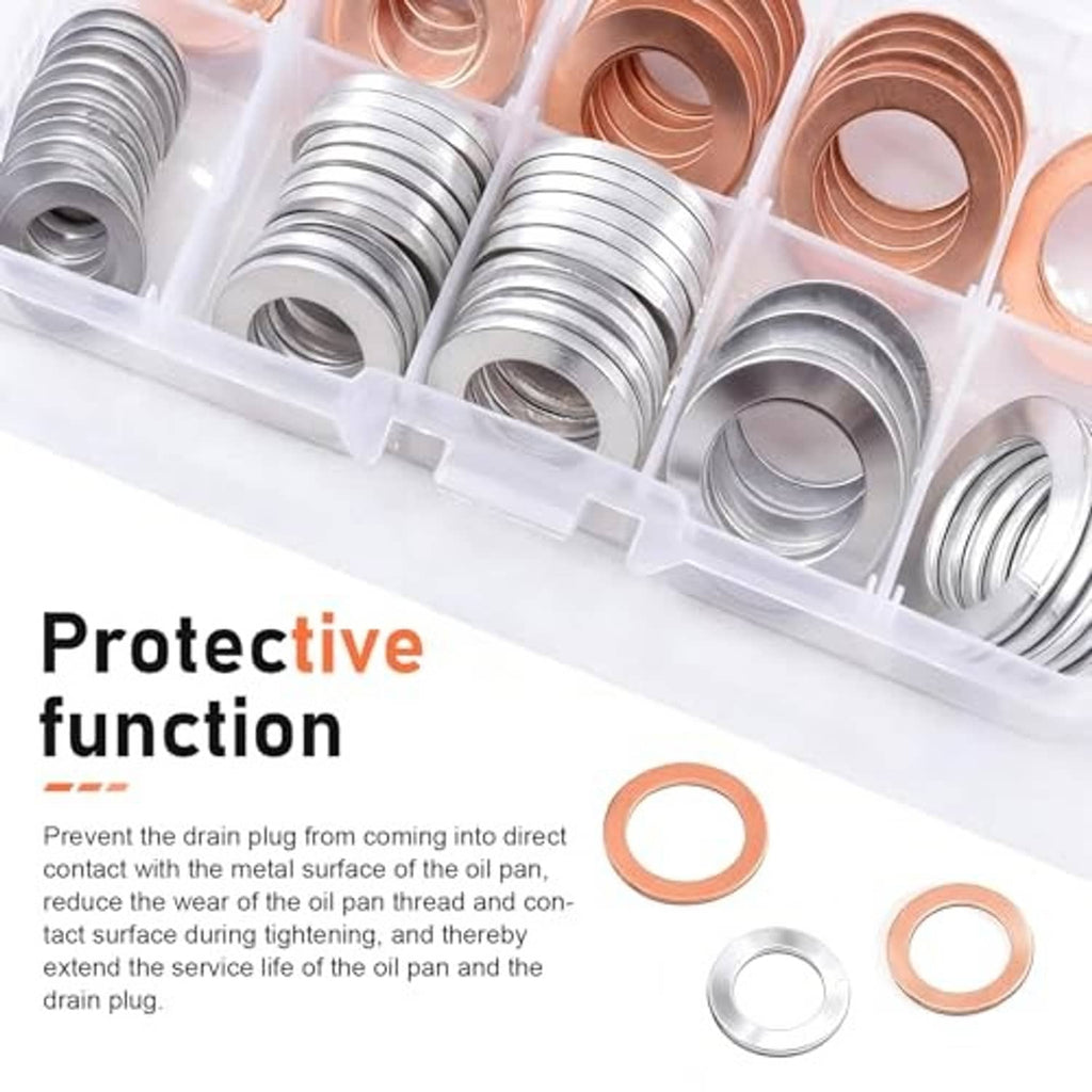 Close-up of clear organizer filled with copper and silver crush washer gaskets